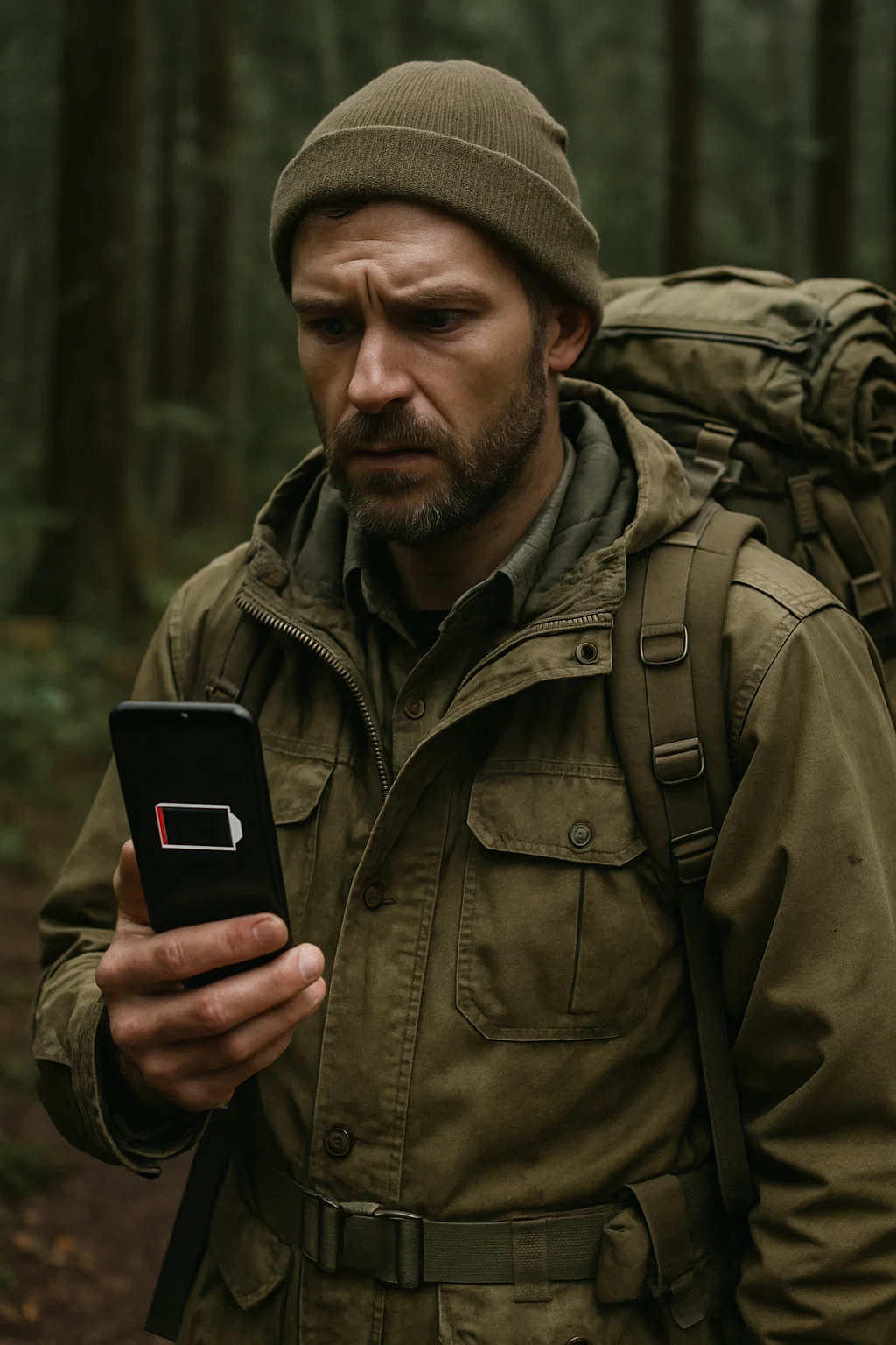 Distressed hiker with a dead smartphone lost in a dense forest.